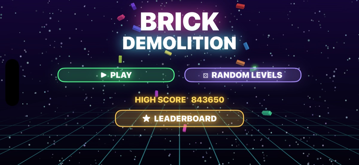 The Brick Demolition start screen, with neon title and Play, Random Levels and Leaderboard buttons
