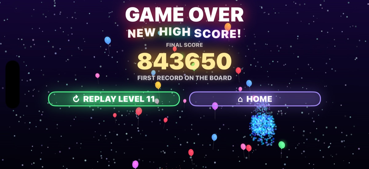 The game over screen showing a final score and a new high score banner